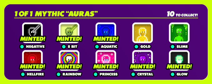 A collection page titled '1 OF 1 MYTHIC "AURAS"' showing 10 minted NFT items including Negative, 8 Bit, Aquatic, Gold, Slime, Hellfire, Rainbow, Princess, Crystal, and Glow.