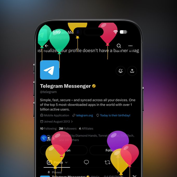 Telegram Messenger's official X profile is shown, displaying "Today is their birthday!" alongside their bio noting 1 billion active users and their August 2013 founding date, celebrating the platform's 12th anniversary as the messaging app that birthed much of the crypto/Telegram industry.