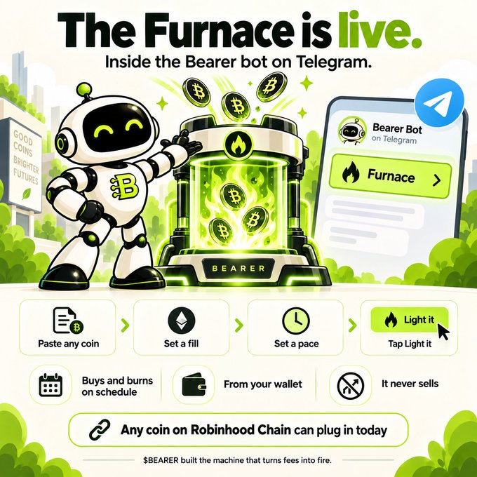 A promotional graphic for 'The Furnace is live. Inside the Bearer bot on Telegram' featuring a robot character and Bitcoin imagery, with steps: Paste any coin, Set a fill, Set a pace, Light it.
