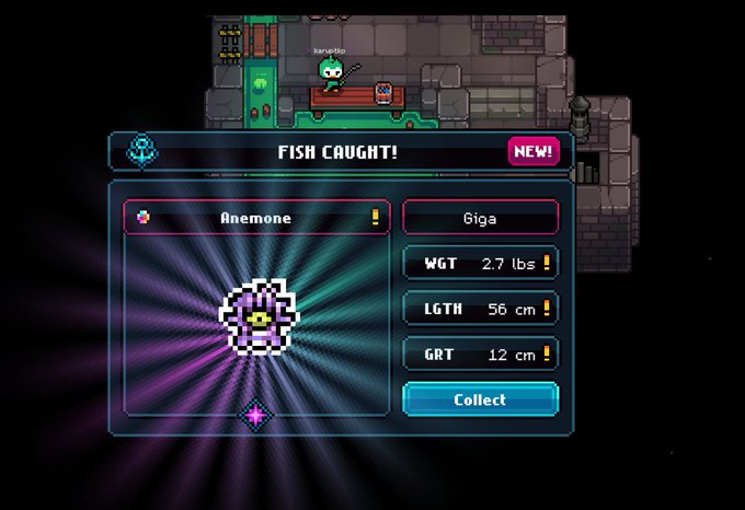 Pixel-art fishing game screen showing 'FISH CAUGHT!' notification for an 'Anemone' fish caught with 'Giga' rod weighing 2.7 lbs, 56 cm length, and 12 cm girth.