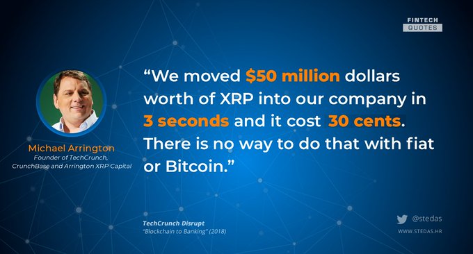 The image features a man's face with text that reads "We moved $50 million worth of XPR into our company in 3 seconds. It cost 30 cents. There is no way to do that with flat fiat or Bitcoin." The image also includes a blue background and white text, which are the main elements of the post.