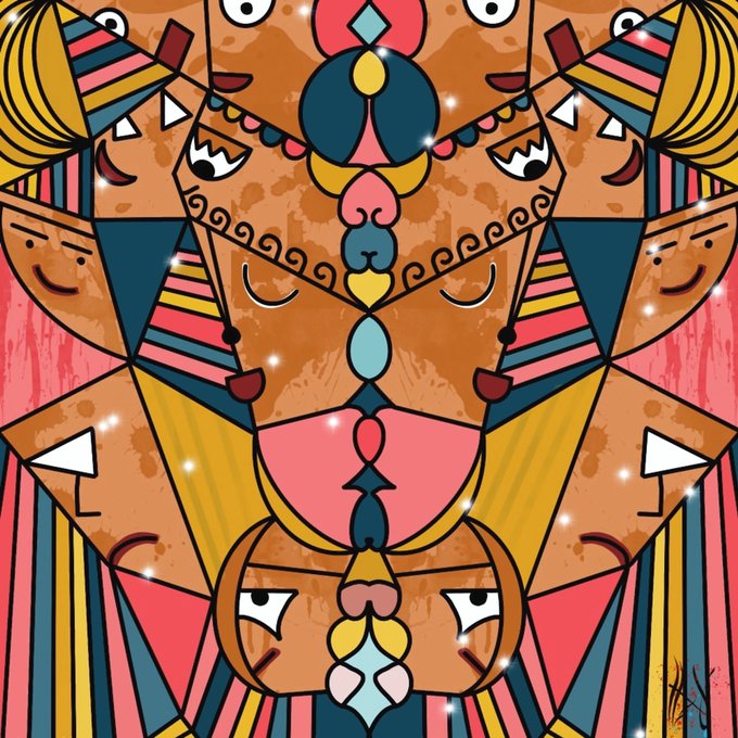 Colorful symmetrical abstract artwork featuring stylized faces, eyes, and geometric patterns in pink, blue, yellow, and brown tones.
