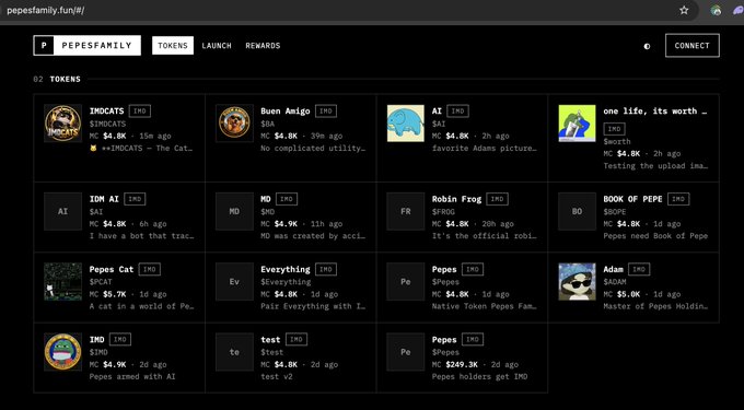 A screenshot of the pepesfamily.fun website showing a list of tokens including $IMOCATS, $BA, $AI, $SMOOTH, and various Pepe-themed memecoins with their market caps displayed.