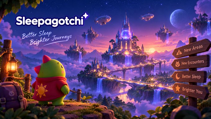 A promotional graphic for 'Sleepagotchi' features a green cartoon character overlooking a fantasy floating castle landscape at sunset, with text reading 'Better Sleep Brighter Journeys' and wooden signs listing 'New Areas,' 'New Encounters,' 'Better Sleep,' and 'Brighter You.'