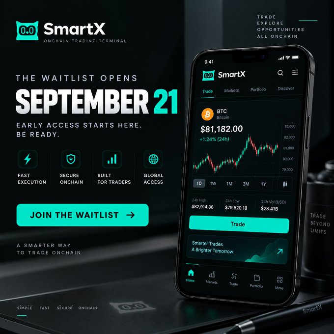 Promotional graphic for SmartX, an onchain trading terminal, announcing a waitlist opening September 21 with features like fast execution and secure onchain trading, showing a smartphone displaying BTC Bitcoin at $81,182.00.