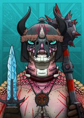 Digital artwork of a fierce barbarian warrior wearing a horned helmet, with glowing blue eyes, blood splattered on his face and body, holding a sword and a spiked mace.