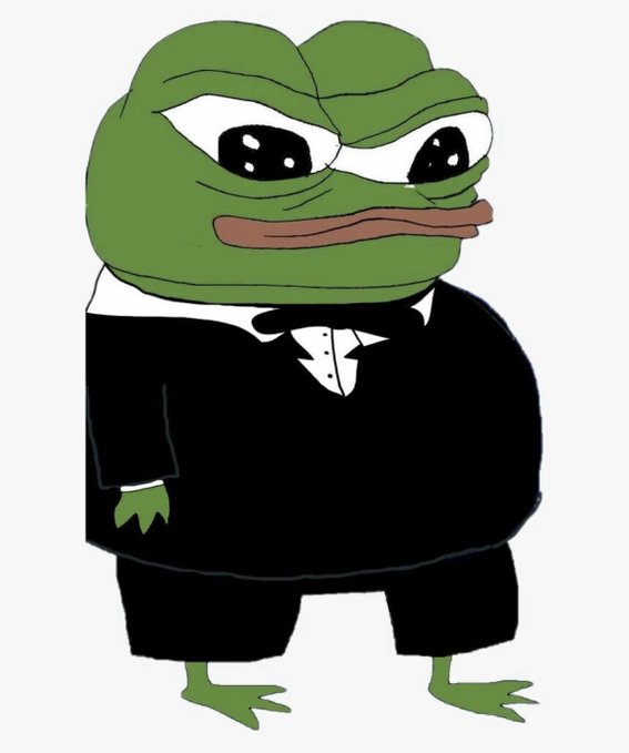 Pepe the Frog character dressed in a formal black tuxedo with bow tie, depicted in a cartoon illustration style.
