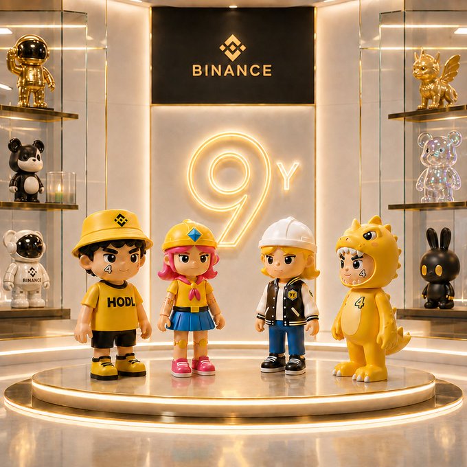 A promotional display for Binance features four collectible figurines—including a boy in a "HODL" shirt, a girl in a yellow cap, another boy in a white hard hat, and a yellow dinosaur mascot—arranged on a lit circular platform in front of a neon "9Y" sign, with the Binance logo prominently displayed above and additional figurines showcased in glass cases on either side, inviting fans to enter a giveaway to win these exclusive collectibles.