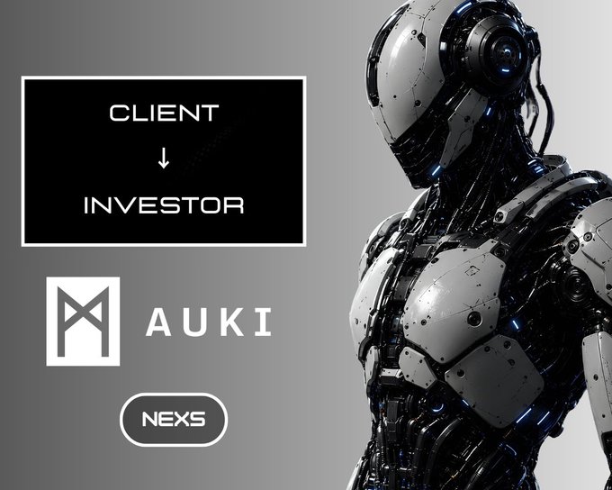 The image features an advertisement with a robot figure wearing a helmet, standing against a gray background. The text "CLIENT AND INVESTOR" is written above the robot's head, while "AUKI" is below its feet. The phrase "think about that for a second..." suggests that the viewer should consider investing in Auki or similar companies based on their impressive business solutions.