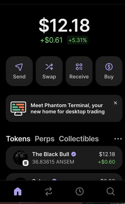 A Phantom wallet app screenshot showing a balance of $12.18 (+$0.61, +5.31%) and a token called 'The Black Bull' (ANSEM).