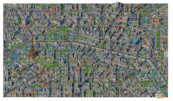 A highly detailed, fractal-like aerial view of Paris is centered on the Eiffel Tower, with tiny streets, buildings, and greenery recursively repeating across the composition. The image is identified as “Fractal Paris,” a massive 15-billion-pixel artwork created over 10 months, illustrating the artist’s persistence in building before—and continuing through—the NFT market’s “wave.”