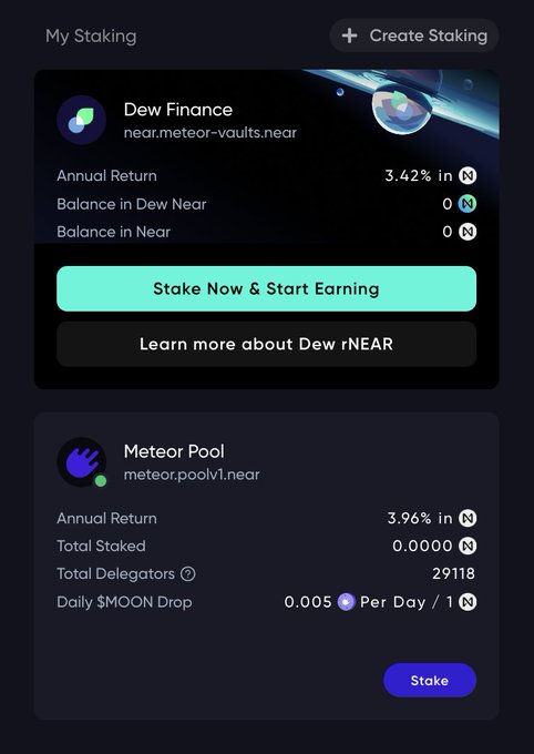 A dark-themed "My Staking" dashboard displaying two staking options: Dew Finance (3.42% APR) and Meteor Pool (3.96% APR with 29,118 delegators and 0.005 $MOON per day drop), illustrating the post's point that NEAR holders can stake directly with the Meteor validator rather than only using LSTs like dewNEAR.