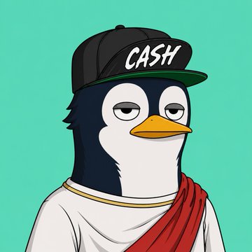 A cartoon penguin character wearing a black 'CA$H' cap and a red sash, set against a teal background.