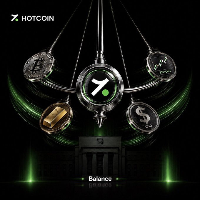 A promotional graphic for 'HOTCOIN' displays a Bitcoin coin, a gold bar, a 'STOCKS' token, and a dollar 'USD' coin connected to a central logo above a building labeled 'Balance'.