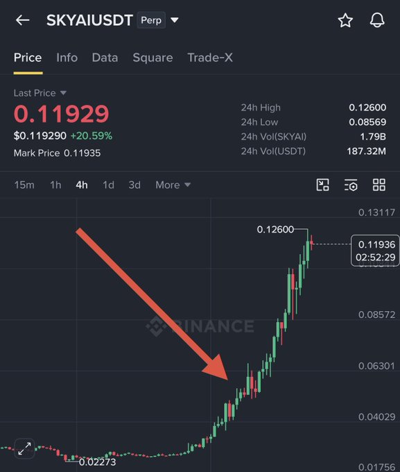 A Binance perpetual futures chart shows the SKYAI/USDT trading pair at $0.11929, up 20.59%, with a 4h candle chart highlighting a sharp rally from a low of $0.02273 to a 24h high of $0.12600. The post celebrates the call, noting SKYAI was shared at $0.045 and has now surged roughly 160% in value.