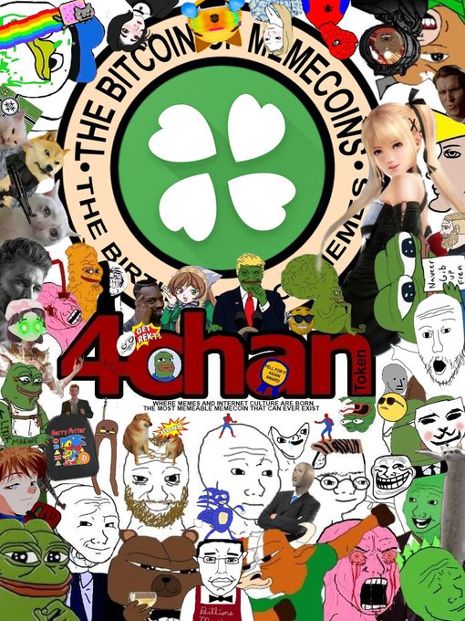 A chaotic meme collage titled 'THE BITCOIN MR. MECCOIN'S' with the word '4chan' prominently displayed, featuring numerous internet meme characters, Pepe the Frog variations, and the text 'WHERE MEMES AND INTERNET CULTURE ARE BORN.'