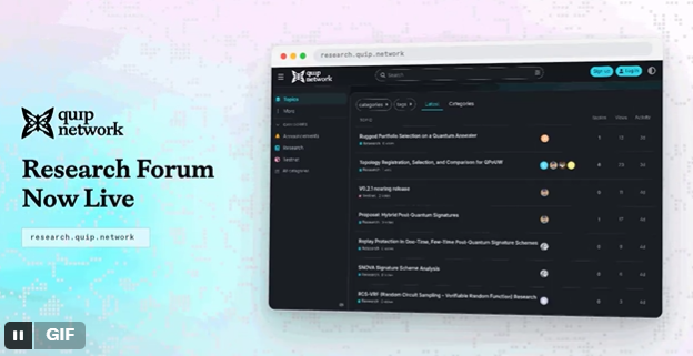 Quip Network promotional image announcing their 'Research Forum Now Live' at research.quip.network with a screenshot of the forum interface.