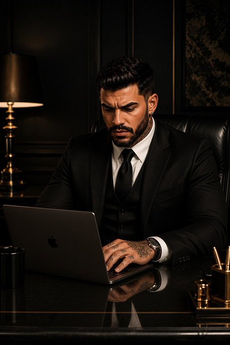 A man in a black suit and tie sitting at a dark desk using a MacBook laptop in a dimly lit, elegant room with a lamp.