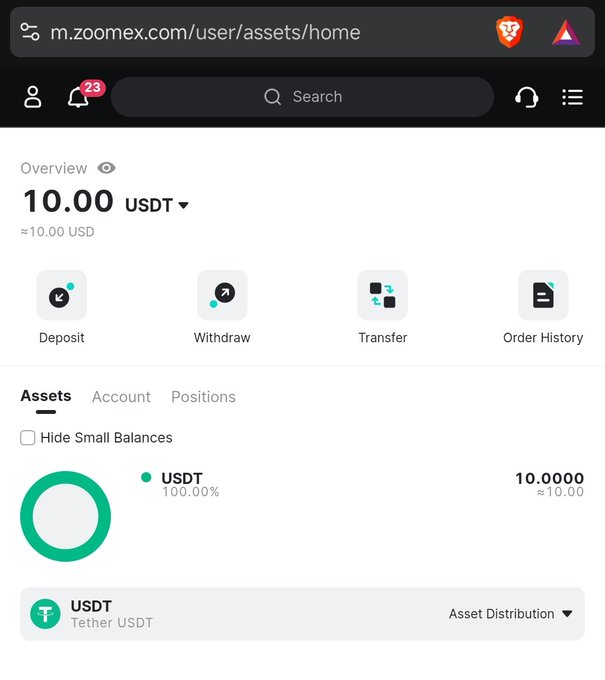 A mobile screenshot of m.zoomex.com/user/assets/home showing an account balance of 10.00 USDT with options for Deposit, Withdraw, Transfer, and Order History.