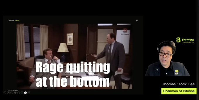 The image shows Bitmine Chairman Thomas "Tom" Lee speaking during a televised interview, with an on-screen graphic reading "Rage quitting at the bottom" alongside a scene of men in a tense office conversation, illustrating his point that investors are selling Ethereum at its lowest point—exactly what he and Fundstrat argue represents a rare multi-year buying opportunity for crypto.