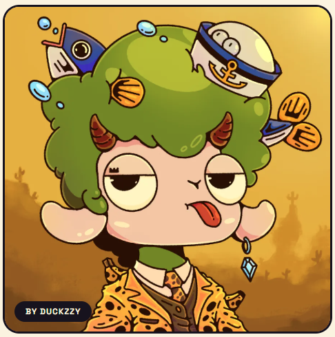 An illustrated cartoon character by 'BY DUCKZZY' depicting a sheep-like figure with green curly wool horns and small fish and sailor hats floating around its head.