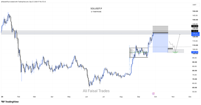 A TradingView chart of SOL/USD shows Solana's price action testing the major resistance zone around $124, with a proposed short entry at $124 and long entry at $104 (marked by green and red arrows), illustrating the trading setup referenced in the post.