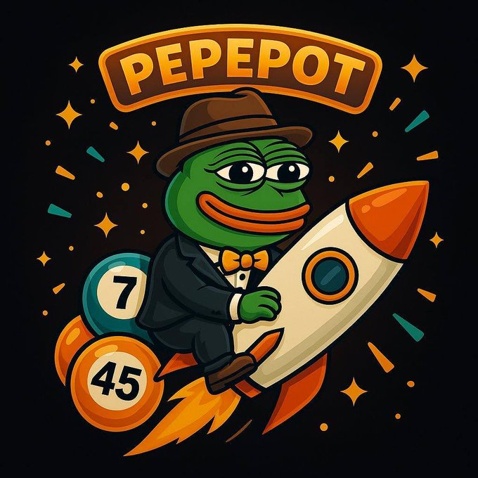 Cartoon-style logo for 'PEPEPOT' featuring the Pepe the Frog character wearing a brown hat and suit, riding a rocket ship alongside lottery-style balls numbered 7 and 45.