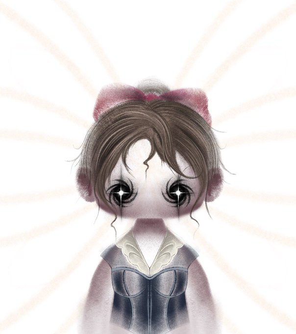 A stylized illustration of a pale anime-style character with large sparkling dark eyes, a maroon bow, and a dark dress stands against a white background with radiating lines, evoking an ethereal and slightly haunting aesthetic that reflects the unsettling vibe often associated with the "pyoopyo" aesthetic community the poster joined.