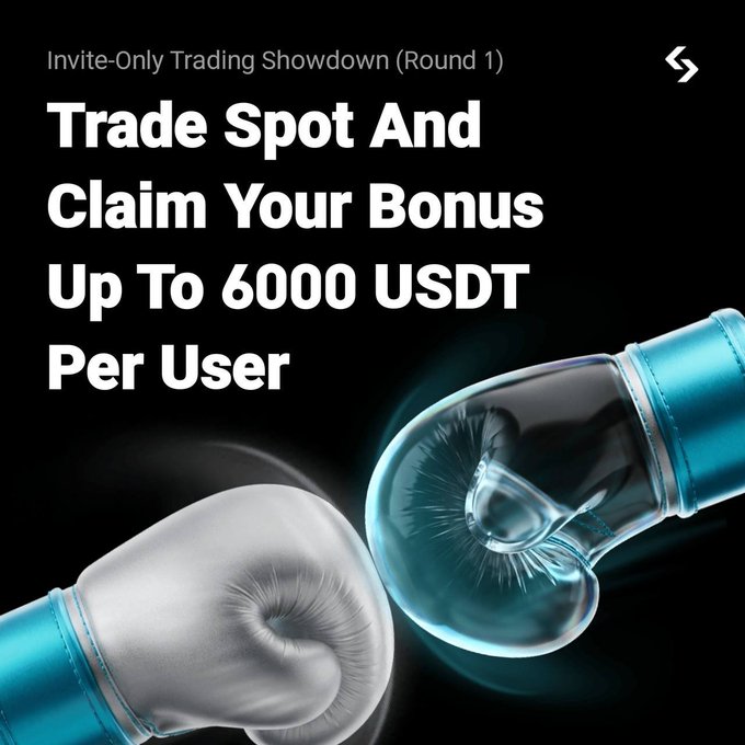 A promotional advertisement for an 'Invite-Only Trading Showdown (Round 1)' offering a bonus of up to 6000 USDT per user for spot trading.