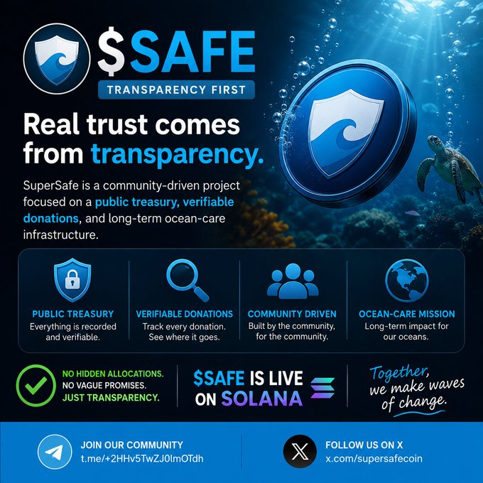 A promotional graphic for "$SAFE" token on Solana, featuring a sea turtle underwater, with the tagline "Real trust comes from transparency," highlighting features like "PUBLIC TREASURY," "VERIFIABLE DONATIONS," and "COMMUNITY DRIVEN."
