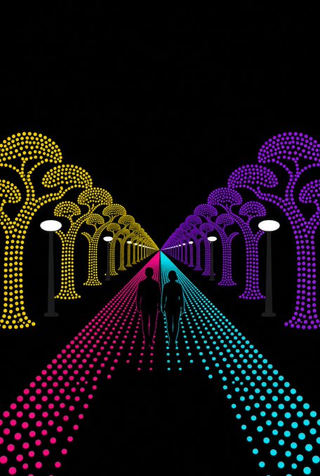 A digital art illustration showing two silhouetted figures walking down a perspective road lined with dotted trees in yellow and purple, with magenta and cyan light trails emanating toward the viewer.