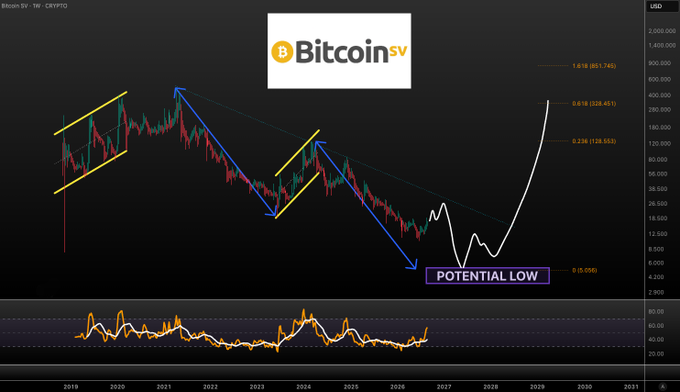 A technical analysis chart of Bitcoin SV (BSV) on a weekly timeframe showing a descending channel pattern with Fibonacci retracement levels, indicating a "POTENTIAL LOW" near $5.058 before a projected rally to test the 0.618 retracement level at $328.45.