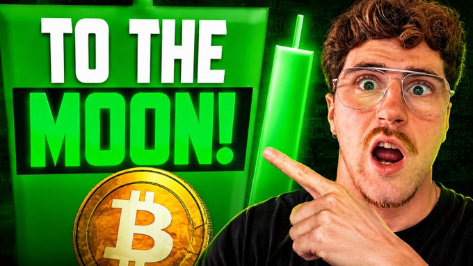 A YouTube-style thumbnail featuring a man with glasses pointing at text that reads "TO THE MOON!" next to a Bitcoin coin and a green chart.