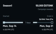 Screenshot of a campaign interface showing 'Season 1', '50,000 $TONK Campaign rewards', started 'Mon, Sep 14' at 4:00 PM UTC, ending 'Mon, Sep 21' at 4:00 PM UTC with '2d 04h 14m 21s' remaining.