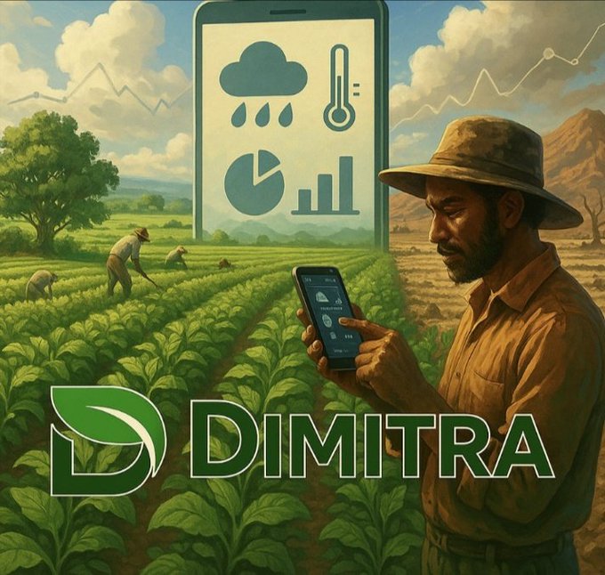 Promotional image for 'DIMITRA', an agricultural technology platform, showing a farmer using a smartphone app in a field with weather and data icons displayed on a large phone screen in the background.