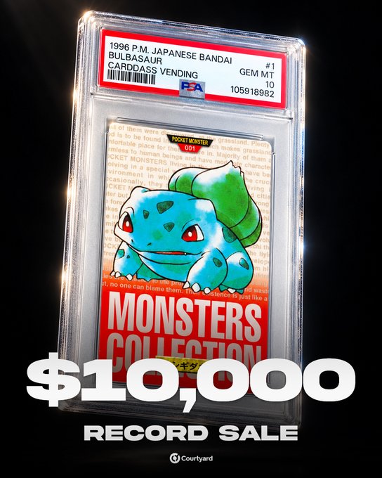 A graded 1996 P.M. Japanese Bandai Bulbasaur #1 Carddass vending card in a PSA 10 GEM MT slab is displayed, with overlay text reading '$10,000 RECORD SALE' and the Courtyard logo.