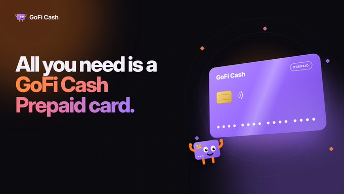 A digital advertisement for 'GoFi Cash' featuring a purple gradient prepaid card, a small purple mascot character, and the text 'All you need is a GoFi Cash Prepaid card.'