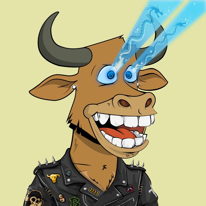A cartoon illustration of a brown cow or bull character wearing a black studded leather jacket with patches, featuring a wide toothy grin and glowing blue dragon-shaped laser beams shooting from its eyes.