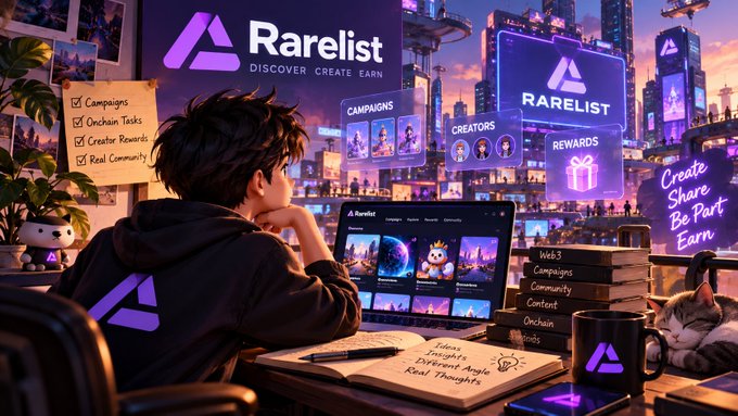A neon cyberpunk workspace centers on the “Rarelist” website, with a laptop, creator dashboard, mug, notes, and visible phrases such as “DISCOVER. CREATE. EARN.” and “Create Share Be Part Earn.”