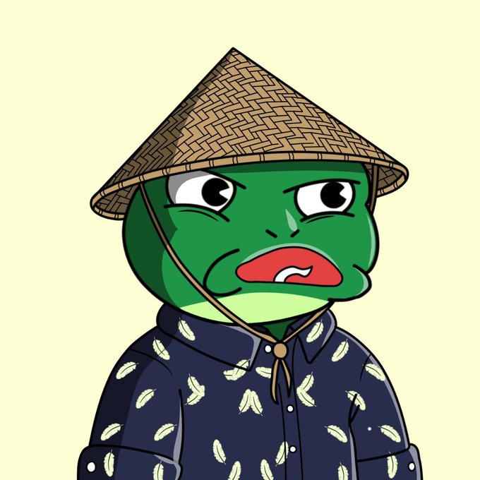 A cartoon illustration of the Pepe the Frog character wearing a traditional conical straw hat and a dark blue shirt with a feather pattern.