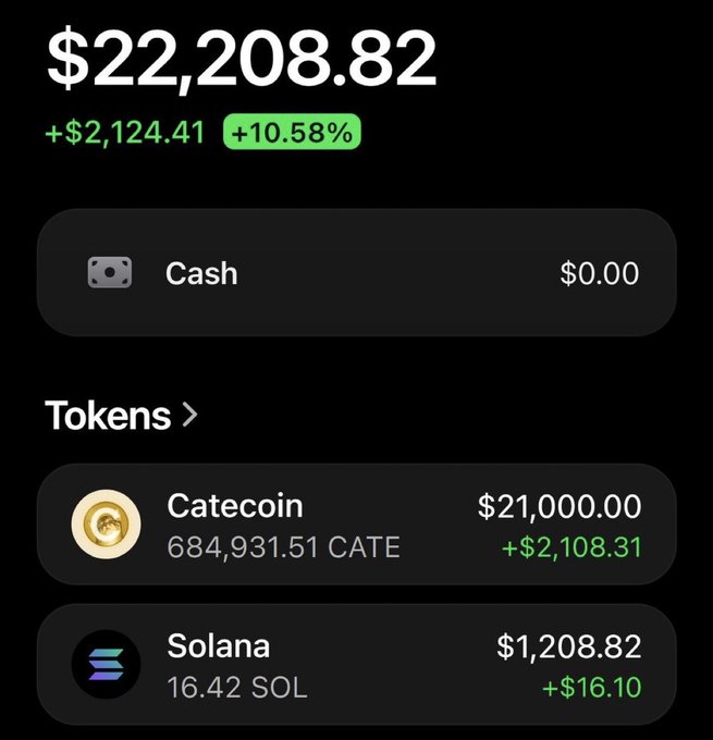 A crypto portfolio screenshot shows a total balance of $22,208.82, up $2,124.41 (+10.58%), with holdings primarily in Catecoin ($21,000.00, 684,931.51 CATE, +$2,108.31) and Solana ($1,208.82, 16.42 SOL, +$16.10). The image serves as "proof" of Catecoin gains to support the post's claim that $CATE will let the poster retire, while soliciting SOL wallet addresses.