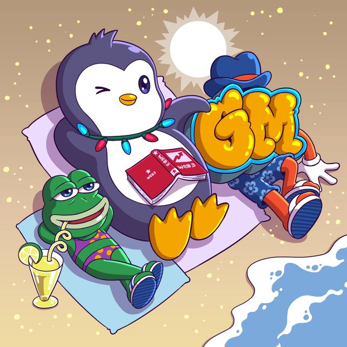 A cartoon illustration featuring a penguin reading a red GEM.X book on a beach towel, accompanied by a relaxed green frog sipping lemonade and a 'GEM' graffiti logo, with the sun shining in the background.