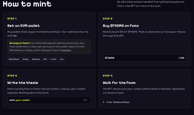 A dark-themed "How to mint" guide outlines a four-step process for minting an NFT on Fomo, including getting an EVM wallet (MetaMask, Rabby, Rainbow, OKX, Trust), buying at least $10 of $FOOMS, posting "mint your wallet" followed by an EVM address, and waiting about 3 minutes for the NFT to arrive. The instructional image complements the post announcing that half the mint supply has already been claimed, prompting users who missed out to retry the steps shown.