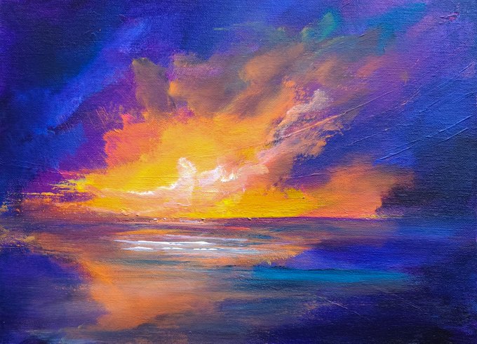 The image features a painting of a sunset over water, with a large orange sun setting behind the ocean. The painting has a blue sky background that contrasts with the warm colors of the sunset. The artist's signature can be seen at the bottom right corner of the artwork.