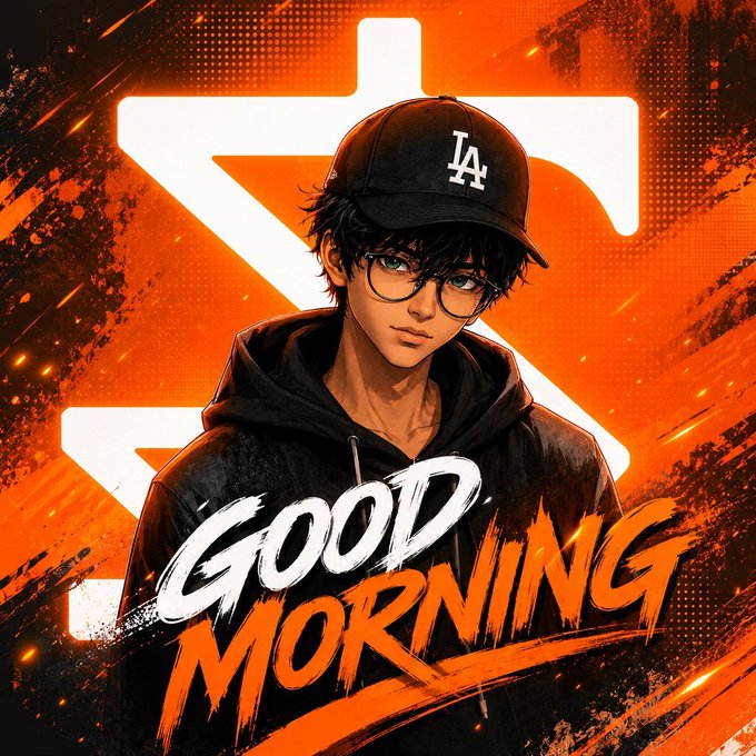 Anime-style illustration of a young man wearing a black LA cap, glasses, and black hoodie against an orange background with 'GOOD MORNING' written in bold stylized text.