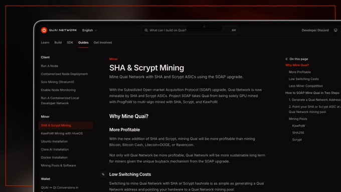 The image shows a screenshot of the Quai Network documentation page titled "SHA & Scrypt Mining," which details how to mine Quai Network using SHA and Scrypt ASICs through the SOAP upgrade, supporting Proof of Work chains to prevent 51% attacks on safely GPU-mined networks like ProgPoW.

The page content aligns with the post's message, highlighting Quai's profitability for SHA and Scrypt mining compared to Bitcoin, Litecoin-DOGE, or Ravencoin, and reinforcing the ease of switching miners to Quai Network—matching the post's claims about no node requirement and direct mining access via services like StratumX.