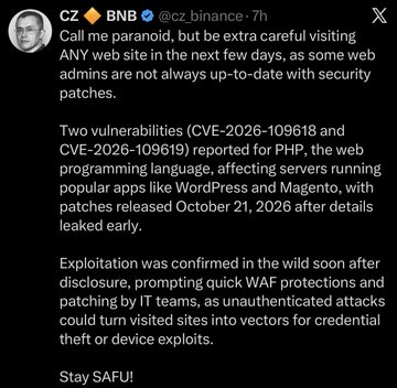 A CZ Binance post warns of a “paranoid” visiting any website, citing CVE-2026-109618 and CVE-2026-109619 in PHP affecting WordPress and Magento, and ending with “Stay SAFE!”