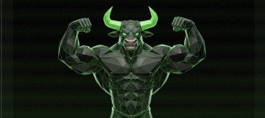 A symmetrical, metallic humanoid figure with glowing green horns stands with raised arms against a dark background.