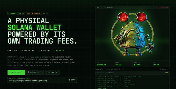 A digital interface for a Solana-based wallet showing the text 'A PHYSICAL SOLANA WALLET POWERED BY ITS OWN TRADING FEES.' along with details like '0.0001599 SOL' and 'TALENTUM LABS' next to a 3D metallic vault graphic.