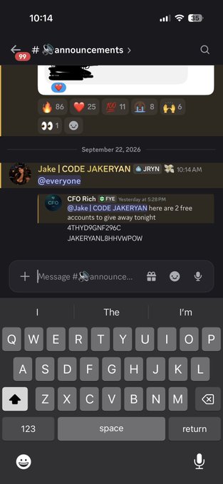 A screenshot of a Discord chat in the #announcements channel where a user named Jake shares a 'CFO Rich' promo code (JAKERYAN) for two free accounts, mentioning JAKERYANL8HVWPQW.